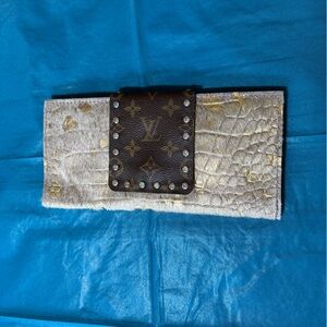 Louis Vuitton Metallic Cream Haircalf Clutch with Brown Monogram Studded Flap